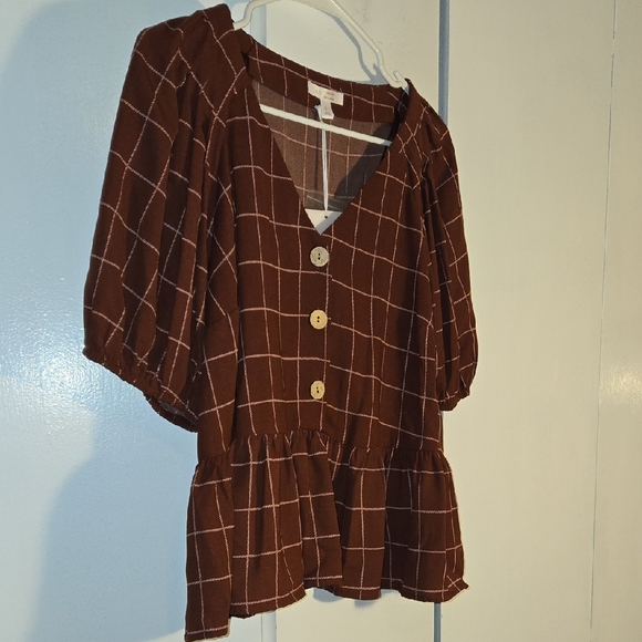 LC Lauren Conrad Brown Plaid V-Neck Blouse - Picture 7 of 10